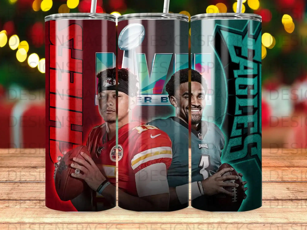 Philadelphia Eagles and Kansas City Chiefs logos and players on tumblers.