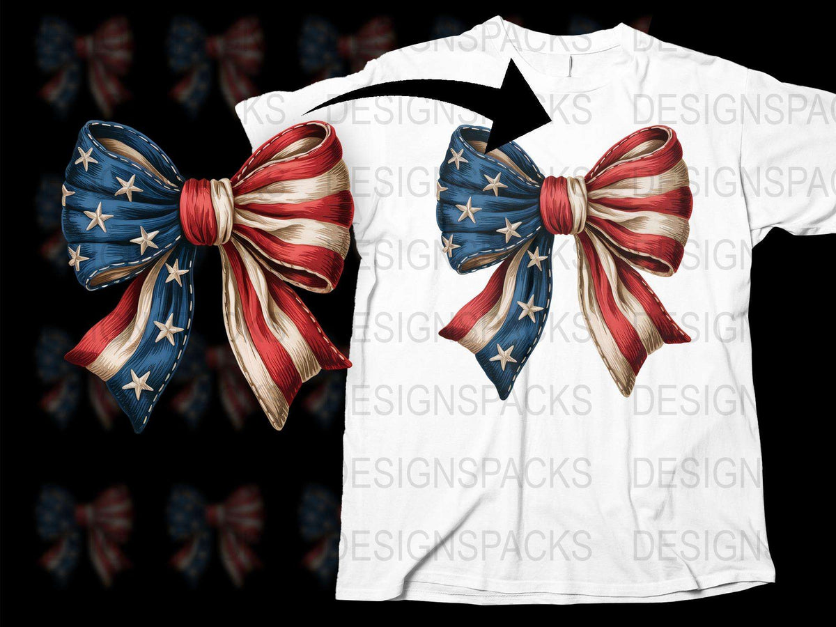 Patriotic T-Shirt with American Flag Bow Design, Red White and Blue, Unisex Fashion Top.