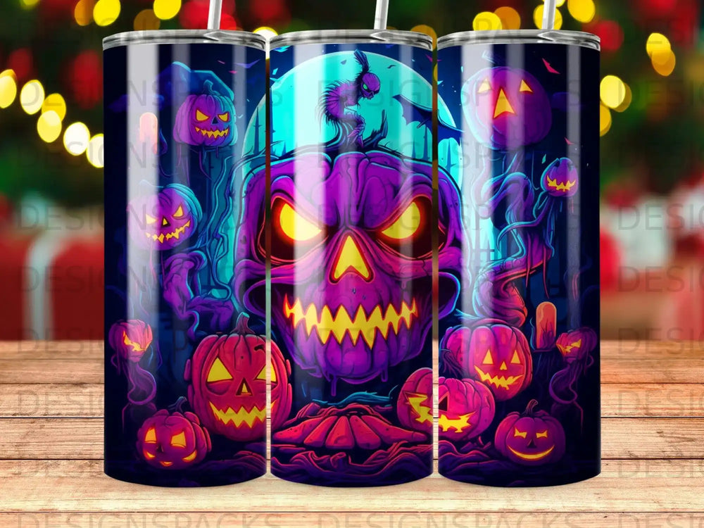 Halloween tumbler with a purple jack-o'-lantern and glowing eyes.
