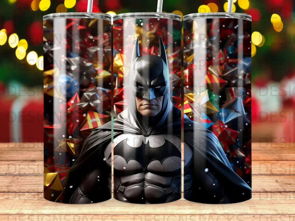 Batman with a gift-wrapped background.