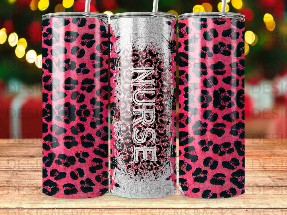 Pink leopard print tumbler with "NURSE" in distressed white lettering.