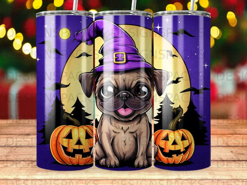 Pug wearing a witch hat with pumpkins and a full moon.