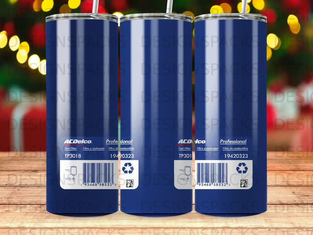 Two ACDelco Professional TP3018 fuel filters on blue patterned background.