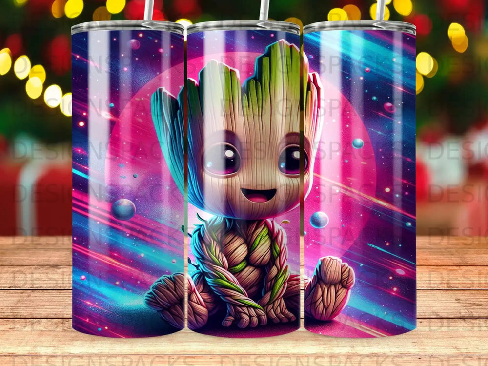 Cute Groot character from Guardians of the Galaxy on a colorful cosmic background.