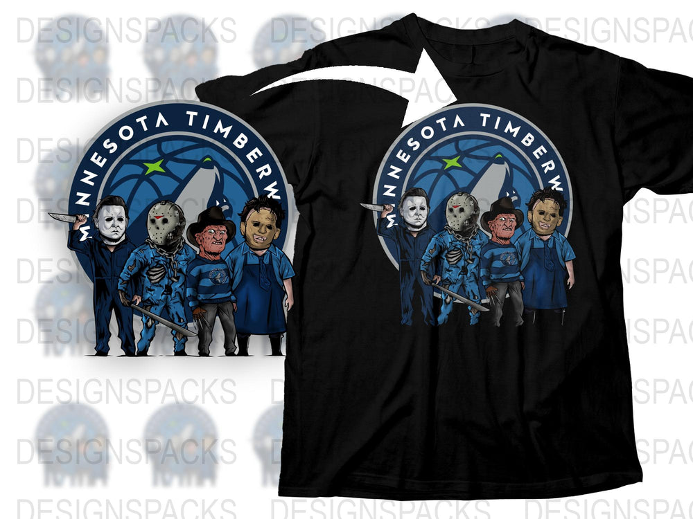 Minnesota Timberwolves Horror Movie Characters Themed T-Shirt, Unique Graphic Tee for Fans