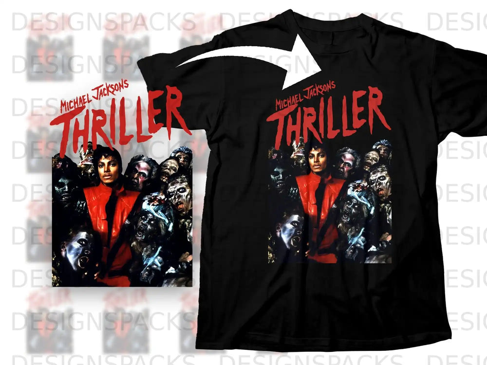 Michael Jackson's Thriller album cover graphic on a black t-shirt.