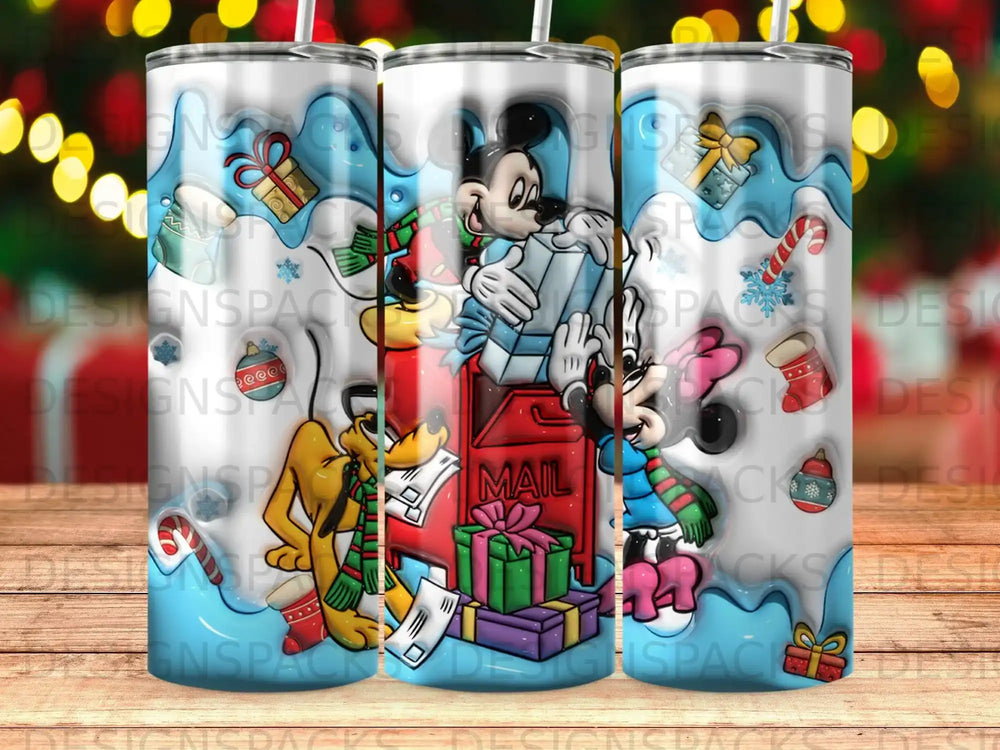 Mickey and Minnie Mouse with Pluto exchange Christmas gifts near a mailbox.