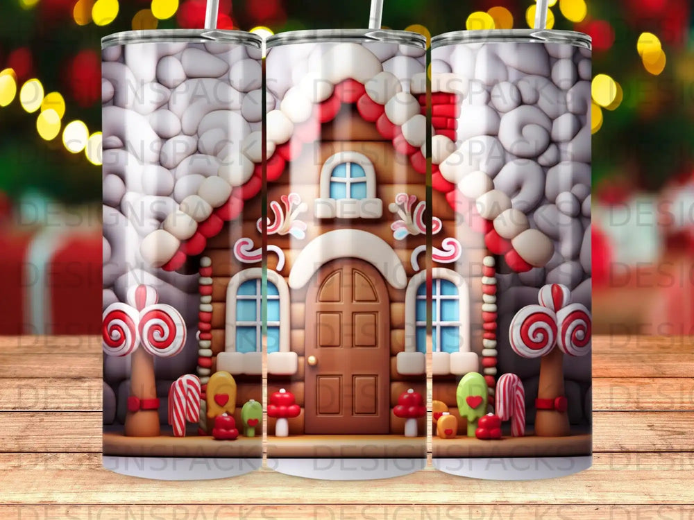 Gingerbread house tumbler design with candy canes and lollipops.