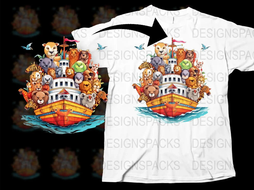 Colorful Animal Cartoon Graphic T-Shirt, Kids Fun Boat Adventure Tee, Unisex Children's Summer Clothing