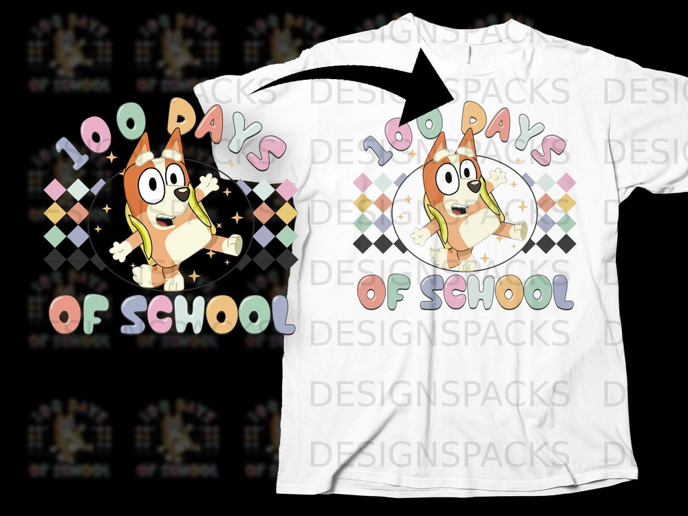 Bluey character celebrating 100 Days of School with colorful text and geometric patterns.