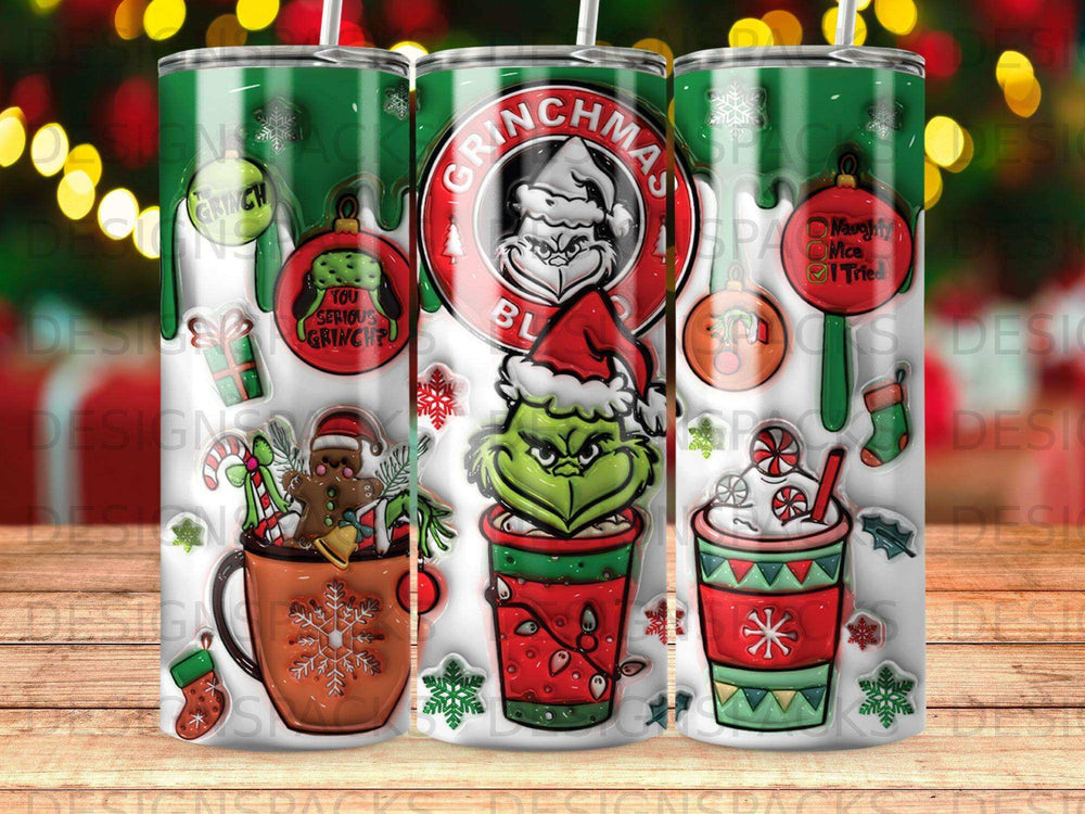 Christmas Grinch tumbler with hot cocoa, gingerbread, and festive decorations.