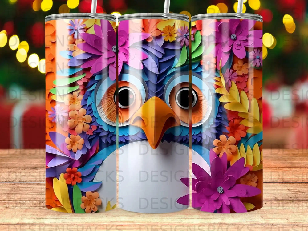 Owl with colorful floral accents on a tumbler.