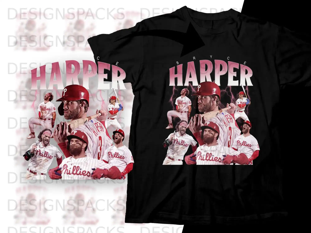 Bryce Harper Phillies collage with player portrait and team logos.