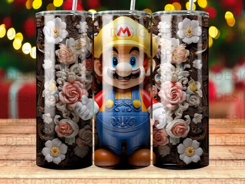 Super Mario character with floral and wood-grain pattern on a tumbler.