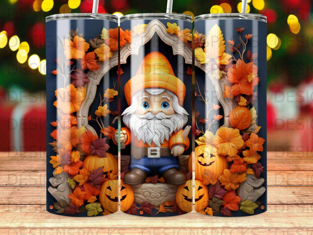 Gnome in pumpkin patch with autumn leaves and glowing lights.