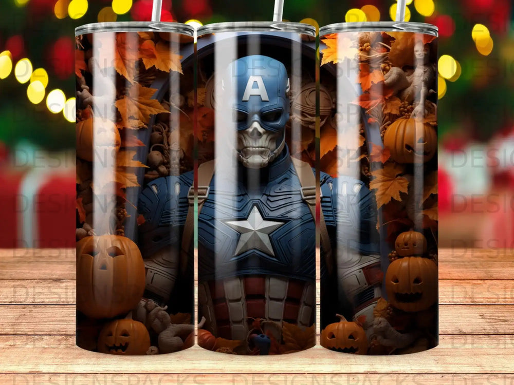 Captain America in Halloween costume surrounded by pumpkins and autumn leaves.