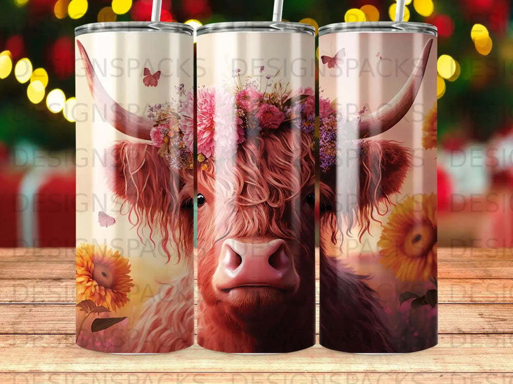 Highland cow with floral crown on tumbler with blurry bokeh background.