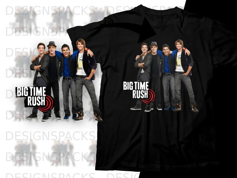 Big Time Rush band members posing on a black t-shirt.
