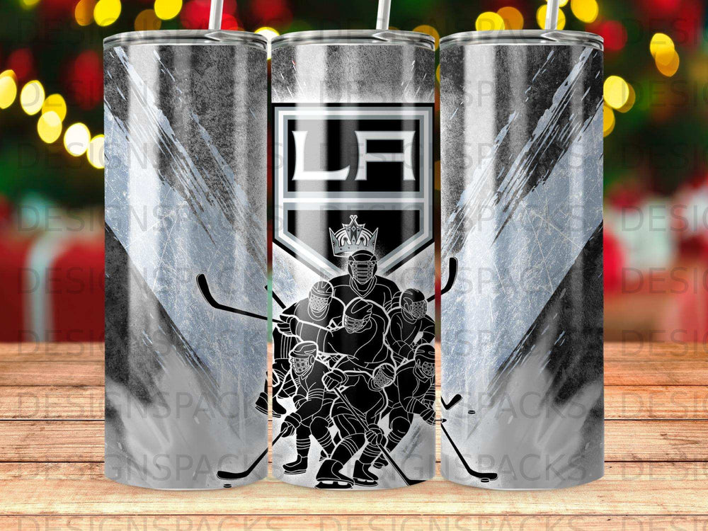 Los Angeles Kings hockey team logo with stylized ice hockey sticks and players.