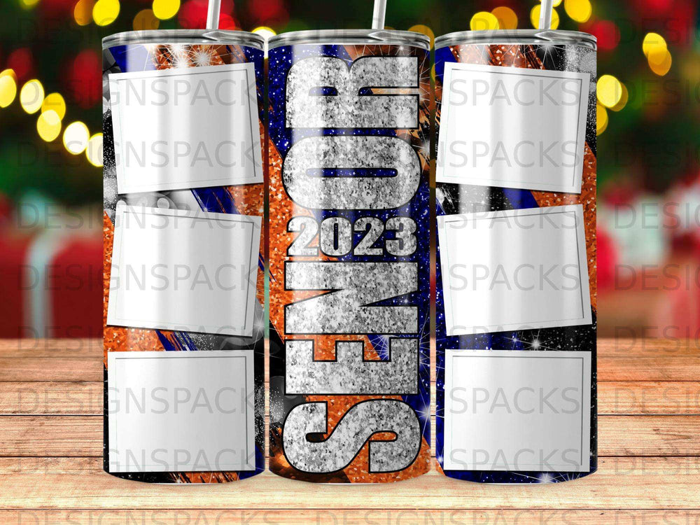 Tumbler with "SENIOR 2023" text on a blue, silver, and orange sparkly background.