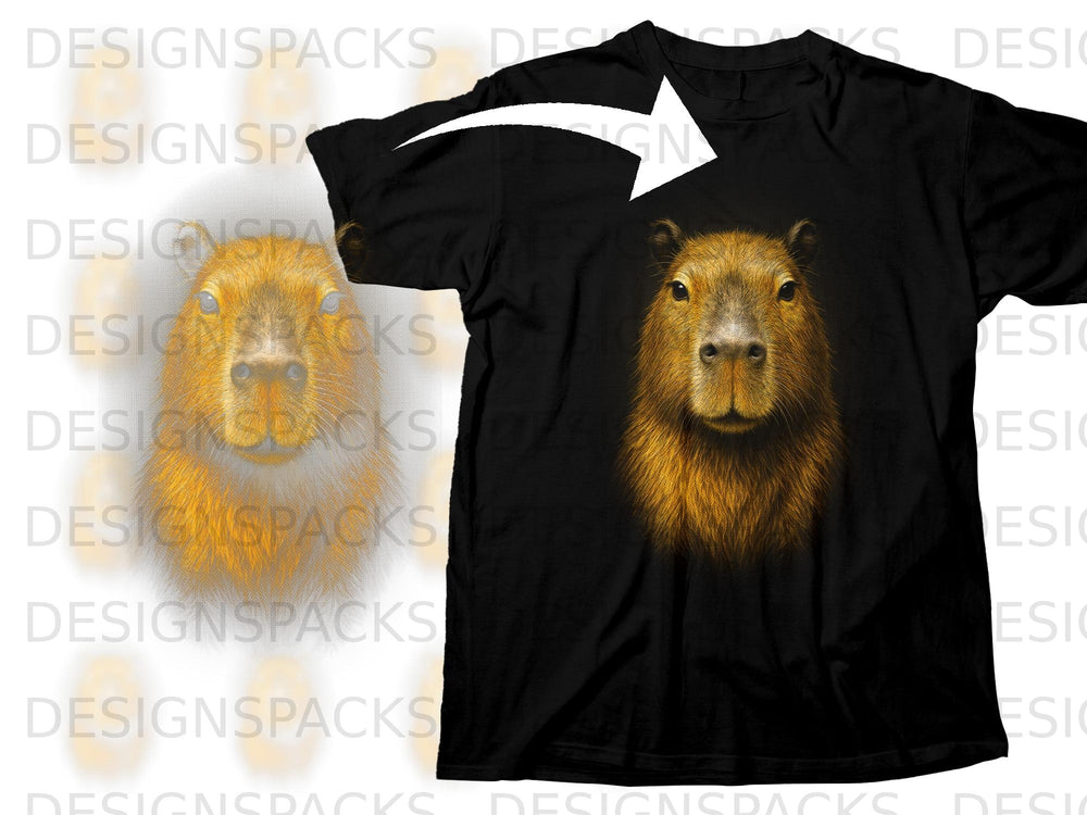 Black t-shirt with a realistic capybara graphic and white arrow design.