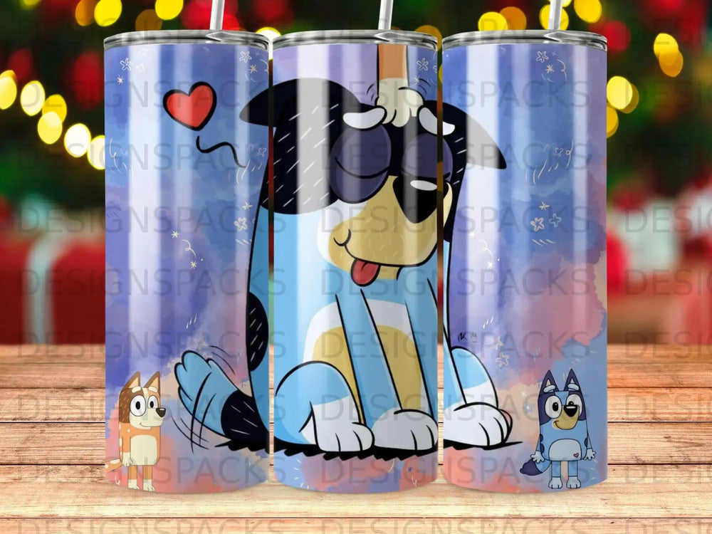Bluey and Bingo dogs on a patterned tumbler with a heart and stars.