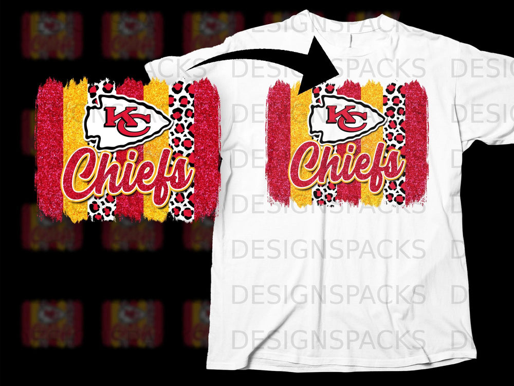 Kansas City Chiefs logo and text with red, yellow, and leopard print design on white t-shirt.