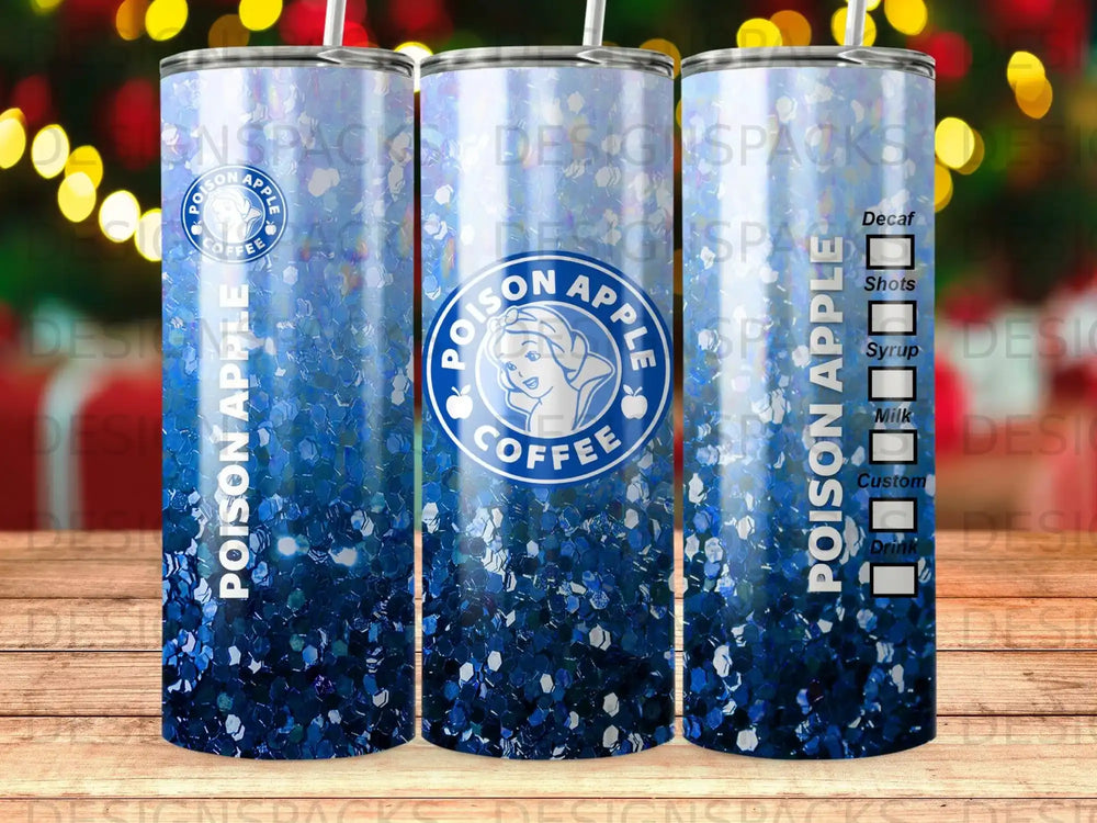 Poison Apple coffee tumbler with blue glitter and measurement markings.