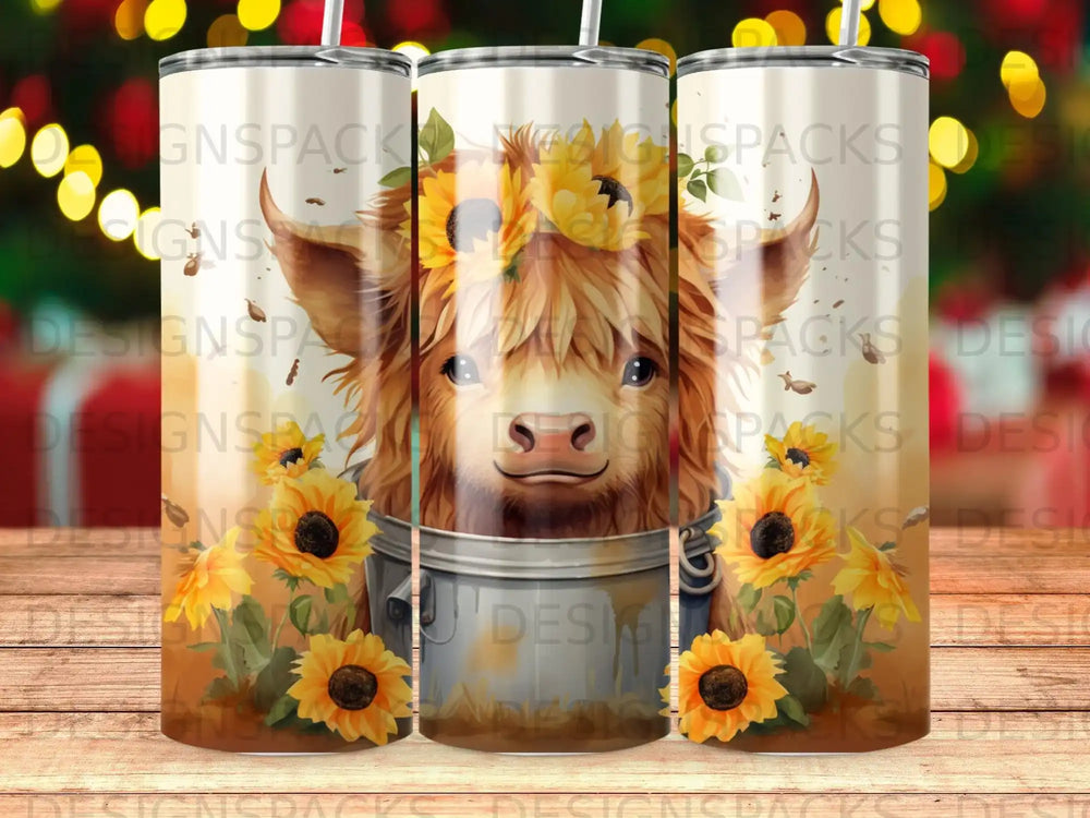 Highland cow with sunflowers in a bucket design.