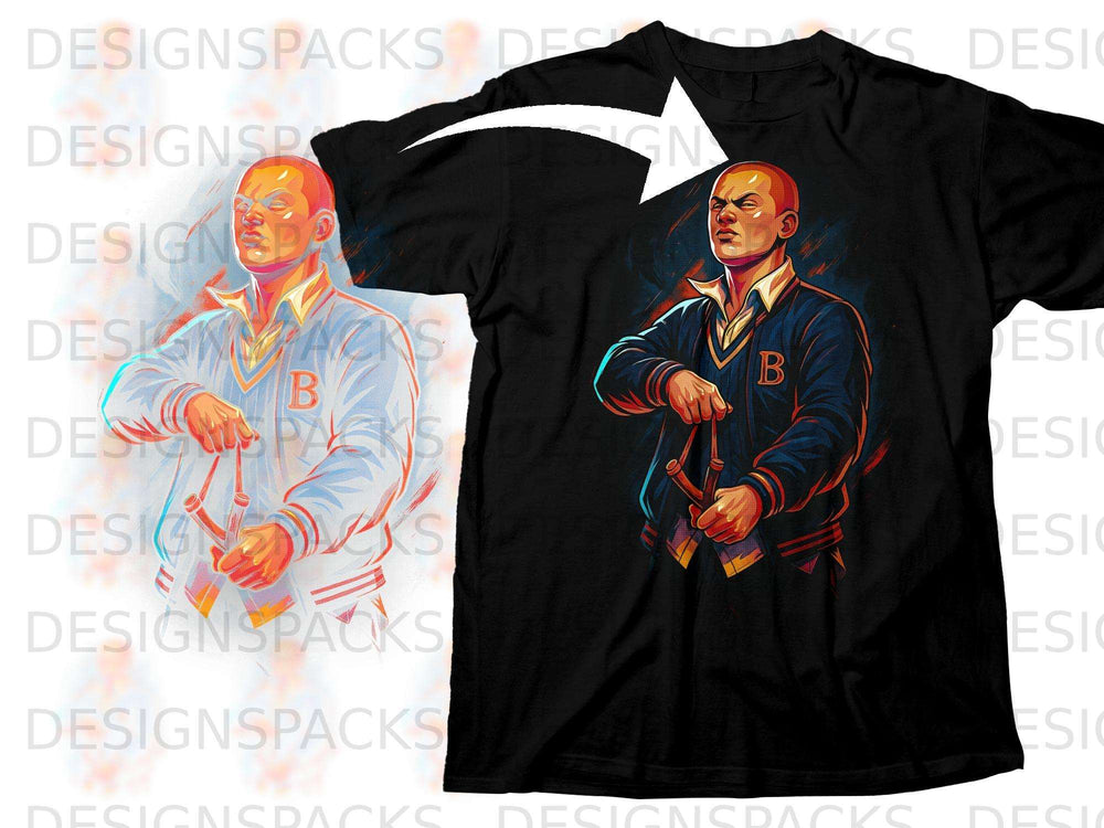 Illustration of a bald man in a letterman jacket holding a slingshot on a black t-shirt.