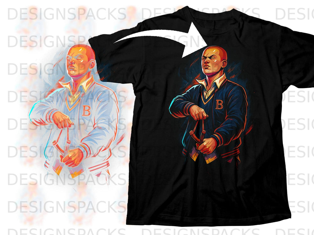 Illustration of a bald man in a letterman jacket holding a slingshot on a black t-shirt.