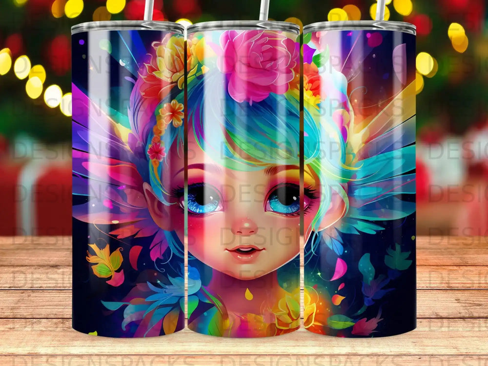 Fairy girl with bright blue hair and colorful floral headdress.
