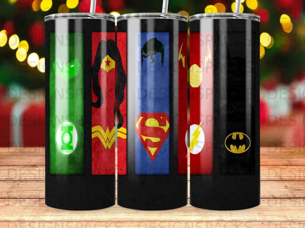 Three tumblers featuring DC Comics superheroes: Green Lantern, Superman, and Batman.