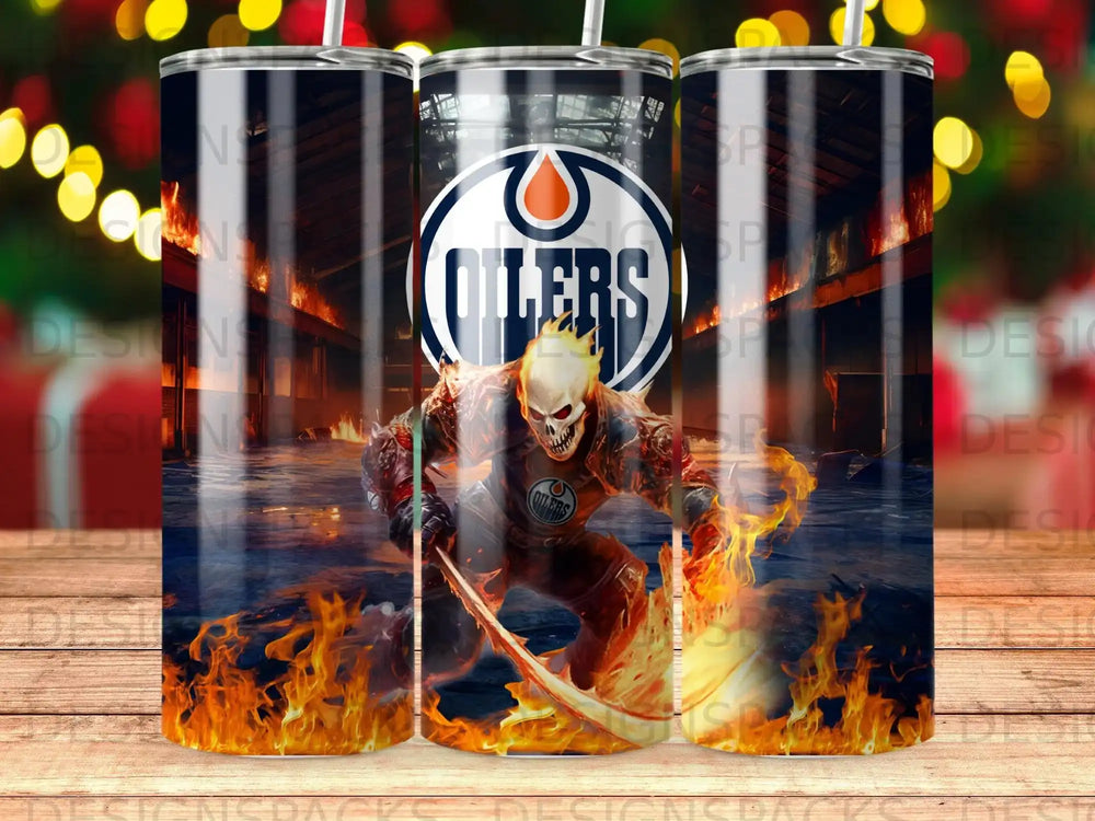 Edmonton Oilers skull with flaming body holding a scythe.