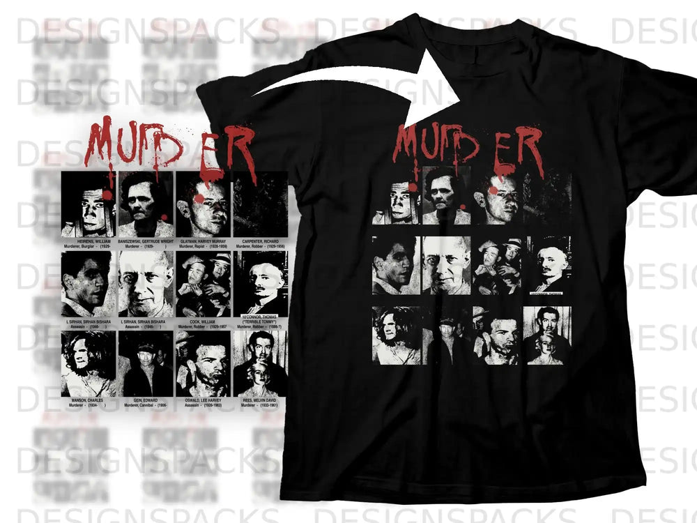 T-shirt featuring "MURDER" text and a collage of vintage mugshots of criminals.