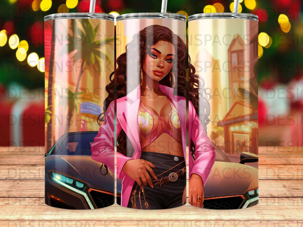 Woman in pink blazer and gold jewelry posing in front of car.