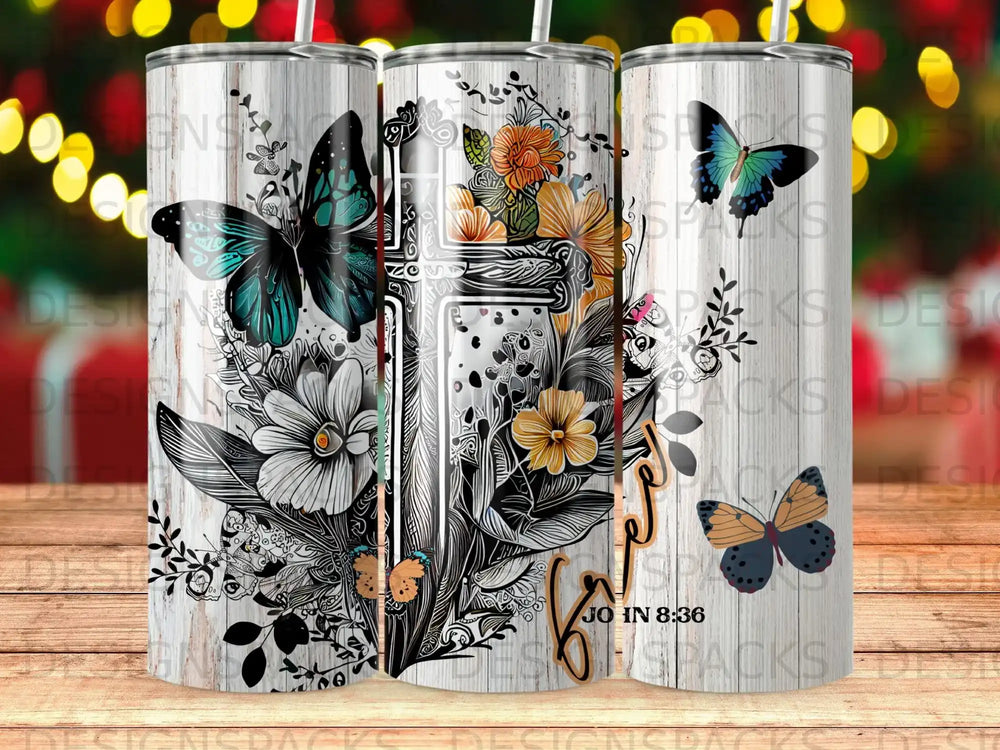 Tumbler with mason jar, butterflies, flowers, and text "Jo in 8:36".