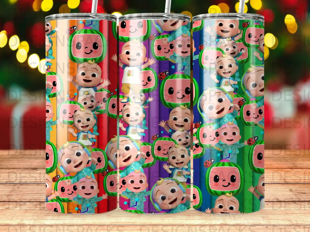 Three colorful tumblers featuring a repeating pattern of the CocoMelon characters.