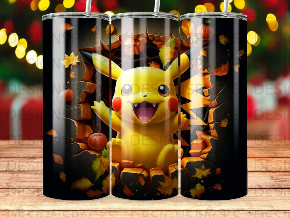 Pikachu peeking through cracked wall with autumn leaves and pumpkins.