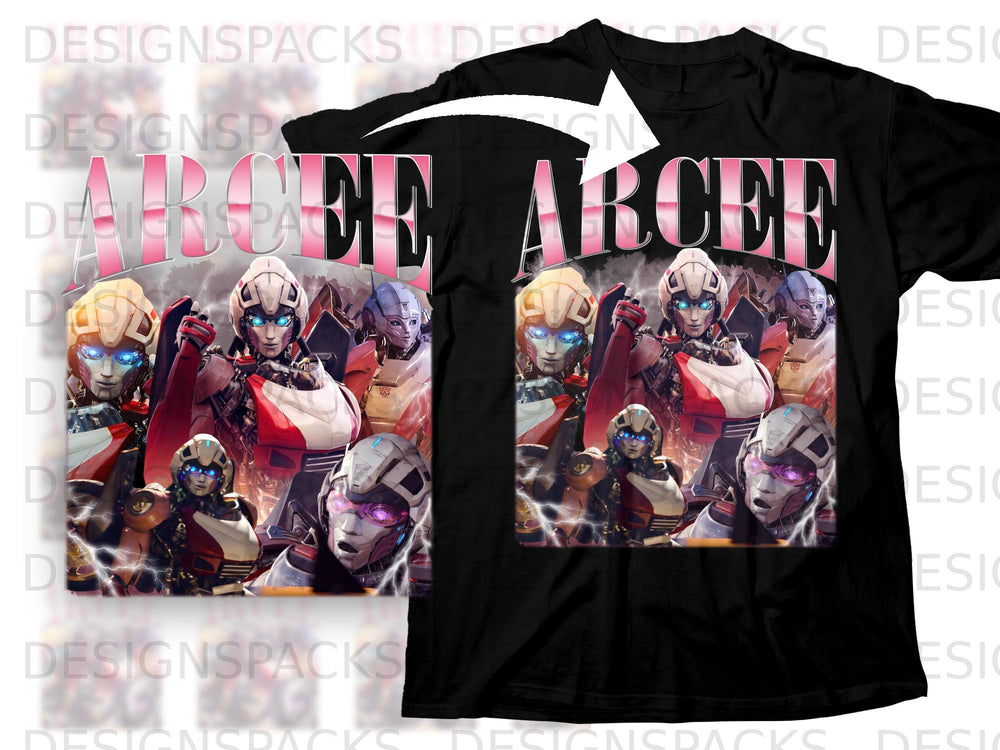 Black t-shirt with "ARCEE" text and multiple robot character graphics.