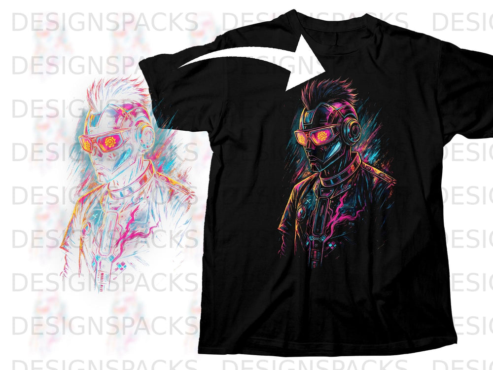 Black t-shirt featuring a cyberpunk character with mohawk and glowing goggles.