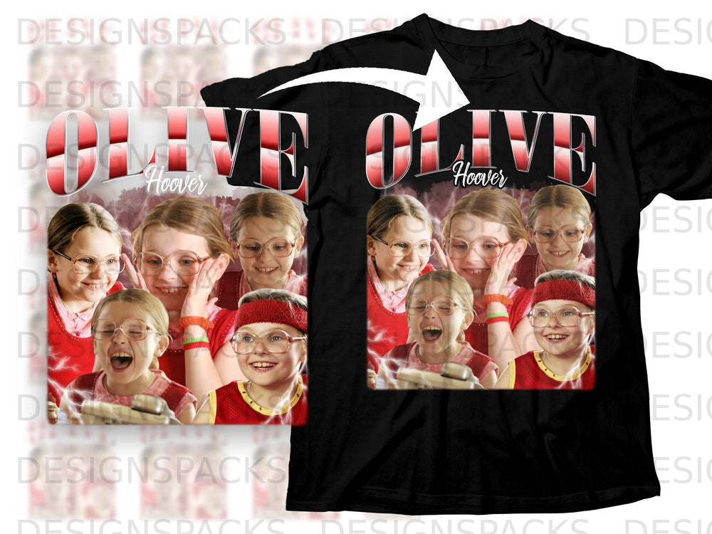 Black t-shirt with "OLIVE Hoover" text and images of four girls.