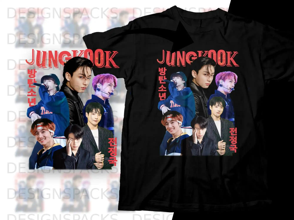 Black t-shirt with BTS member Jungkook and Korean text "Jungkook" and "Jeon Jungkook".