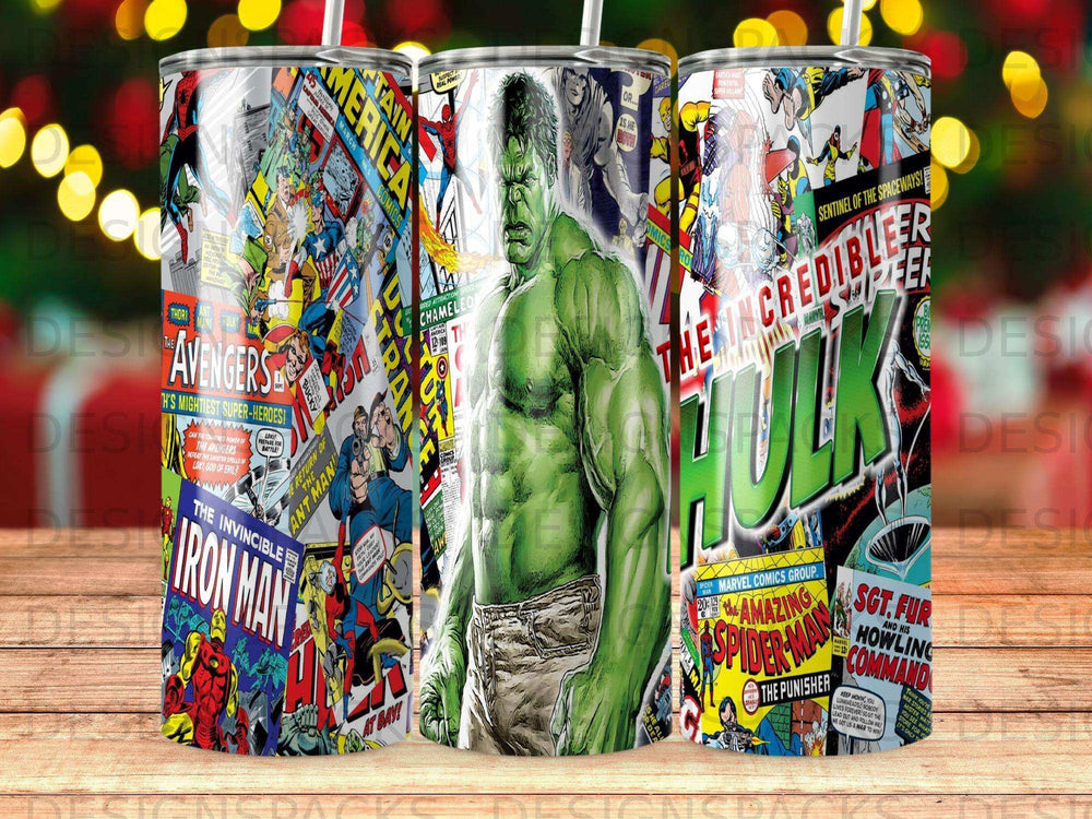 Incredible Hulk and Avengers comic book collage on a tumbler.