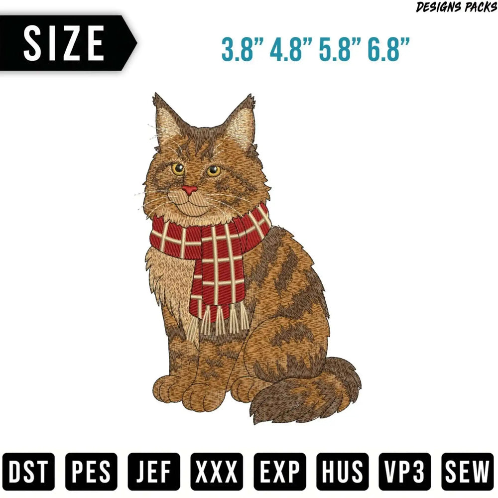 Embroidery design of a tabby cat wearing a red and white scarf.