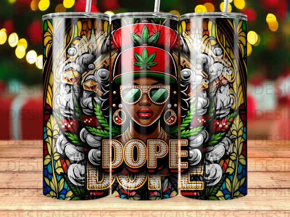 Black woman in sunglasses wearing a red hat, stylized with "DOPE" text and stained glass patterns.