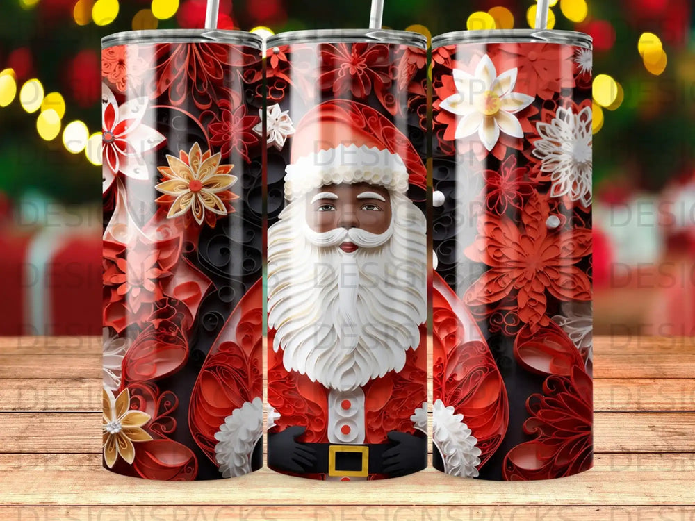 Santa Claus tumbler with red and white floral patterns.
