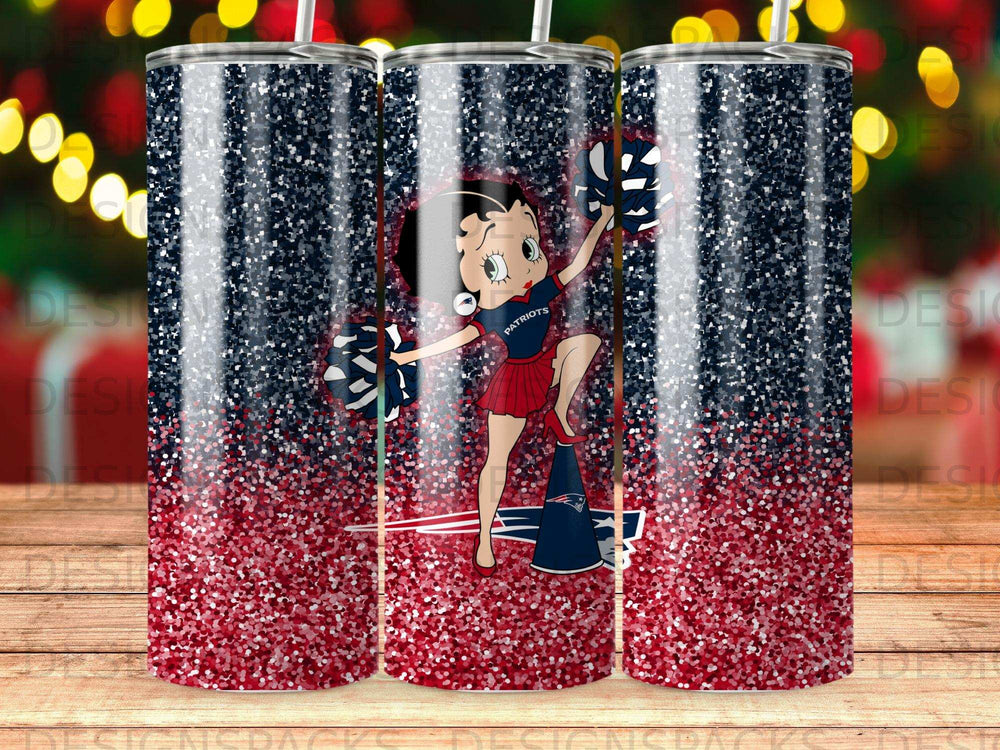 Betty Boop in a Patriots cheerleader outfit with pom-poms and megaphone.