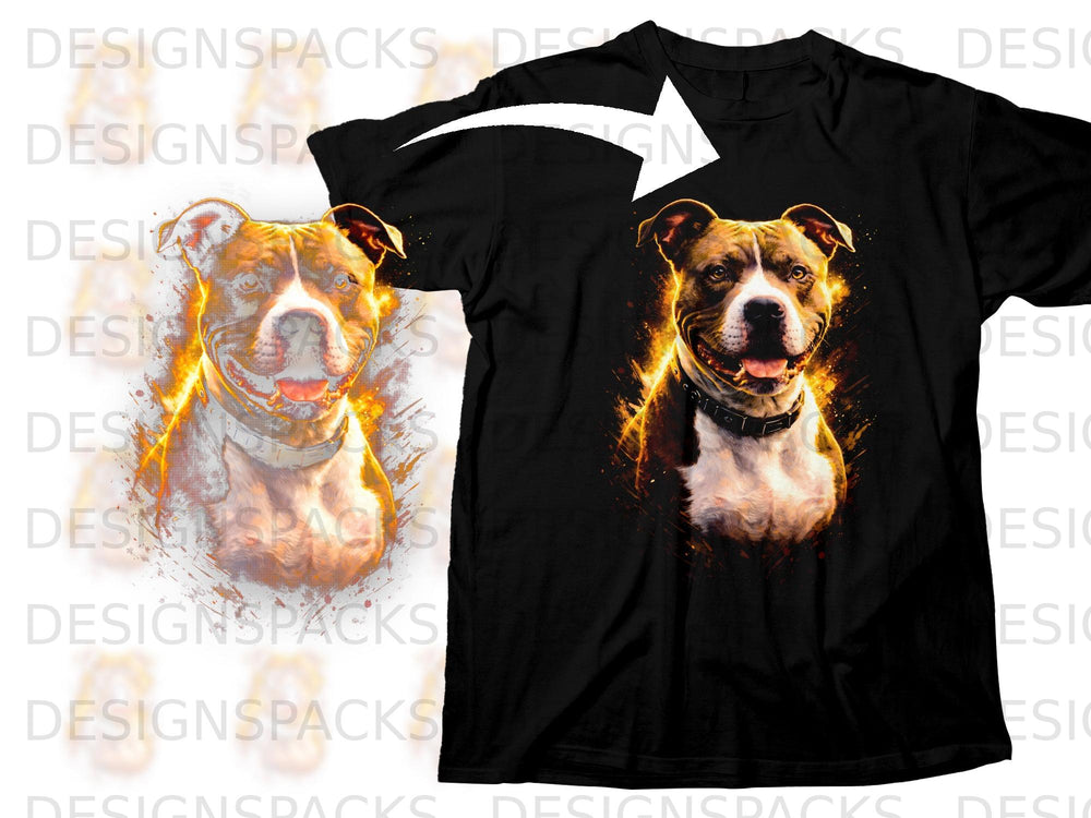 Black t-shirt featuring a stylized Pitbull dog portrait with fiery accents.