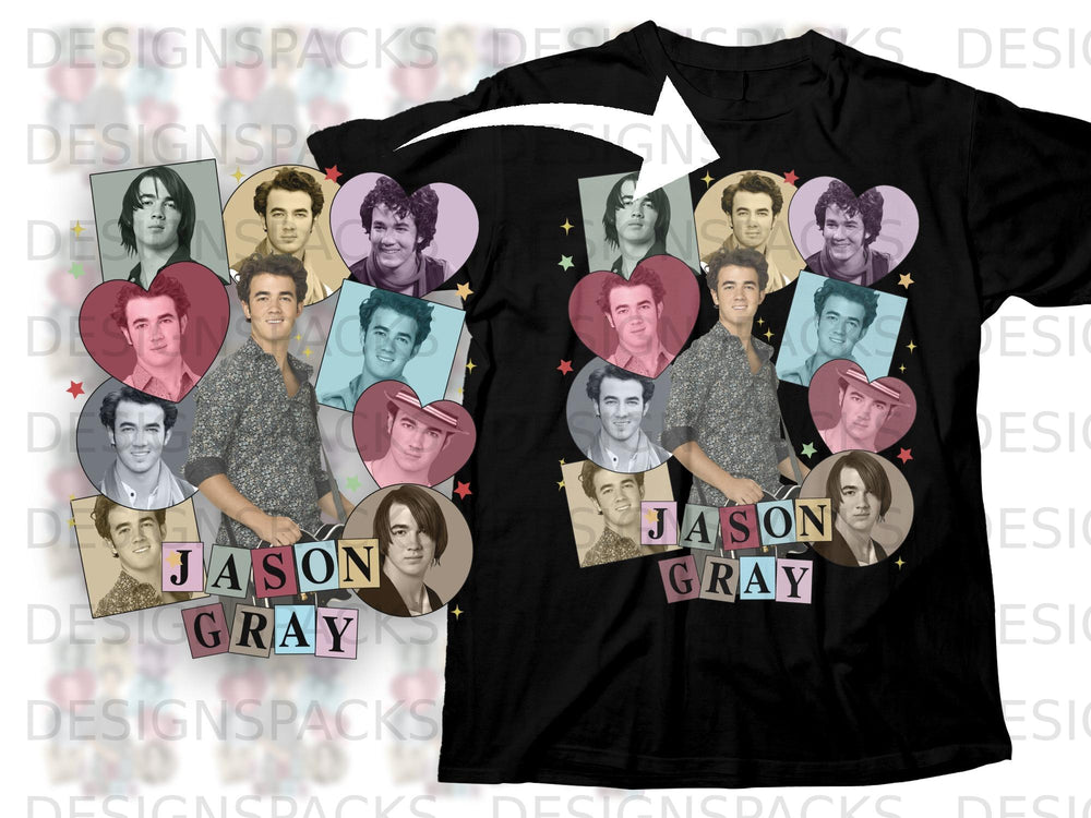 Collage of Jason Gray photos with nameplate, displayed on a black t-shirt.